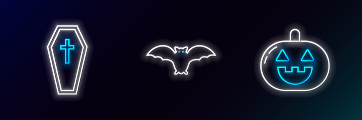 Set line Pumpkin, Coffin with christian cross and Flying bat icon. Glowing neon. Vector