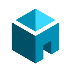 Blue geometric cube house with a roof. 3D box shape with an open door. Construction, building, architecture logo template. Room interior design concept. Real estate. Vector illustration, clip art. 