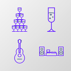 Set line Home stereo with two speakers, Guitar, Glass of champagne and Wine glasses stacked in pyramid tower icon. Vector