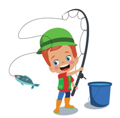 cute fisherman boy is fishing with a hook