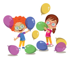 Cute Kids Blowing Balloons And Playing With Balloons