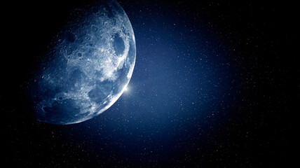 The moon and its dark side against the background of the starry cosmic sky.