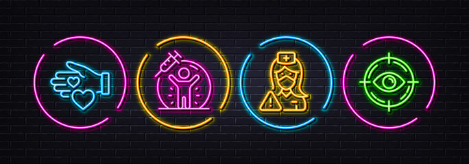 Nurse, Volunteer and Vaccine protection minimal line icons. Neon laser 3d lights. Eye target icons. For web, application, printing. Medical mask, Social care, Vaccination. Optometry. Vector