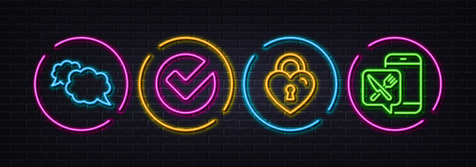 Messenger, Verify and Love lock minimal line icons. Neon laser 3d lights. Food app icons. For web, application, printing. Speech bubble, Selected choice, Bridge locker. Meal order. Vector