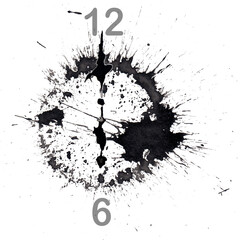 Watch with an abstract dial in the form of an ink blot. Isolated on white. The time is six o'clock. Hand drawn china ink on paper textures. Inkdrawn collection. Raster