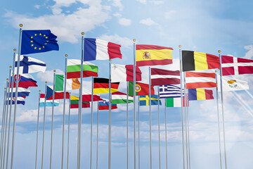 The flag of the European Union with the flags of the European Union waving in the sky - obrazy, fototapety, plakaty