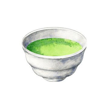 Matcha beverage in white bowl. Healthy asian drink. Hand drawn watercolor illustration of herbal tea isolated on white. Single element for menu, recipe, label, packaging design.