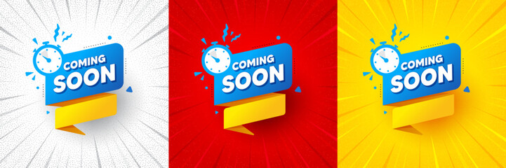 Coming soon paper banner. Flash offer banner, coupon or poster. Timer announcement tag. New open time icon. Coming soon promo banner. Retail marketing flyer. Starburst pop art. Vector