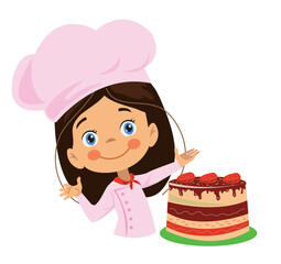 cute chef girl preparing strawberry cake