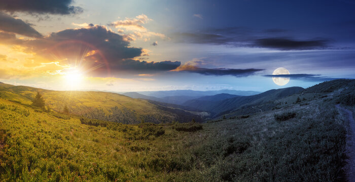 panoramic view in to the chornohora ridge valley at twilight. day and night time change concept. stunning landscape of carpathian mountains with sun and moon in summer. travel ukraine