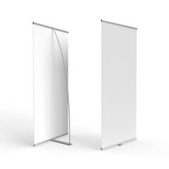 Blank Exhibition Banner Stand Pull Up Display with a transparent background for mockup and illustration displaying the front and back view of the banner.