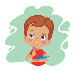 thoughtful cute boy taking notes and book