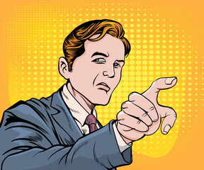 An angry, upset man, he points his hand. hand drawn style vector design illustration.