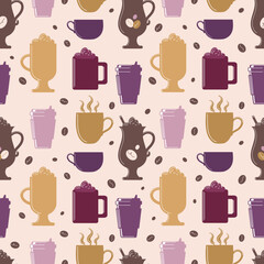 International Coffee Day. Hot drinks. Seamless pattern with silhouettes of coffee, cocoa, cappuccino. In warm earthy tones. For wallpaper, fabric, wrapping, background.
