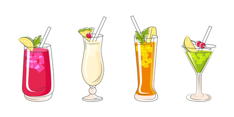 Vector collection of drinks stickers. Cocktail and drink menu illustrations for bar card, price list. Printable template