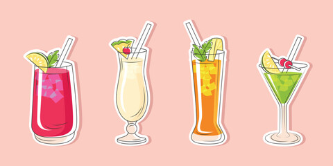 Vector collection of drinks stickers. Cocktail and drink menu illustrations for bar card, price list. Printable template