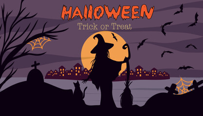 Vector illustration banner action holiday halloween Witch broom and her creatures friends cat bats cross headhill full moon illuminates the city at night