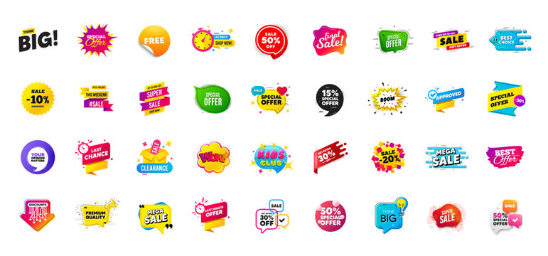 Promo offer discount sale banners. Best deal price stickers. Black friday special offer tags. Sale bubble coupon. Promotion discount banner templates design. Buy offer sticker. Promotion flyer. Vector