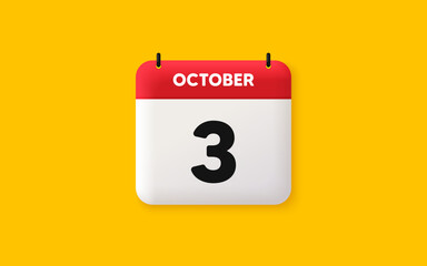 Calendar date 3d icon. 3rd day of the month icon. Event schedule date. Meeting appointment time. Agenda plan, October month schedule 3d calendar and Time planner. 3rd day day reminder. Vector