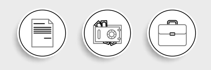 Set line Briefcase, Document and Safe and money icon. Vector