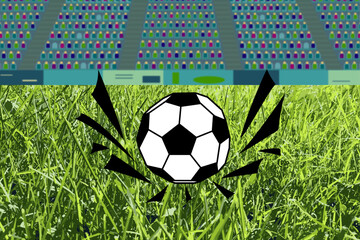 Drawing of soccer ball on grass. 3D realistic and comic cartoon style. Vector illustration with stadium and fans. Football championship.