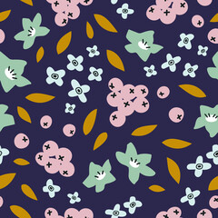 Stylized hand drawn flowers, berries and leaves.  Abstract vector seamless pattern. Floral background