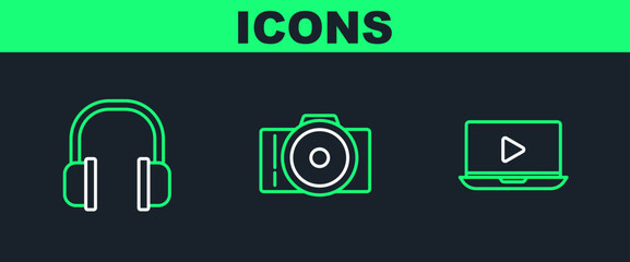Set line Online play video, Headphones and Photo camera icon. Vector