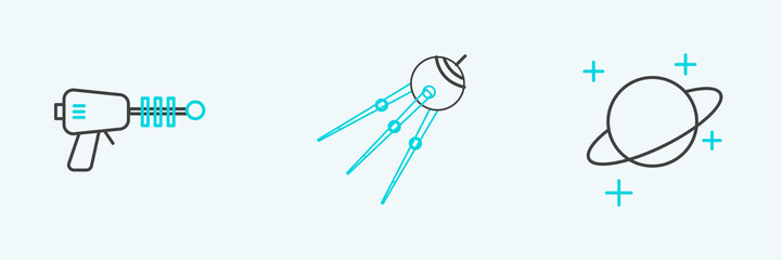 Set line Planet, Ray gun and Satellite icon. Vector