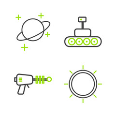 Set line Sun, Ray gun, Mars rover and Planet icon. Vector