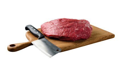 A piece of raw meat and a chef's hatchet on a cutting board isolated on a transparent background