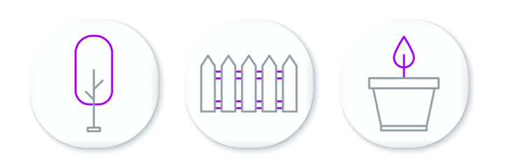 Set line Plant in pot, Tree and Garden fence wooden icon. Vector