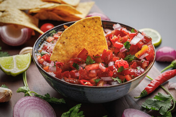 Tortilla chips and fresh salsa made with homegrown ingredients of tomatoes, red onions, garlic, chili peppers, cilantro and lime - 530140300