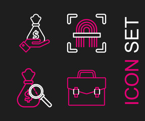 Set line Briefcase, Money bag and magnifying glass, Fingerprint and Hand holding money icon. Vector