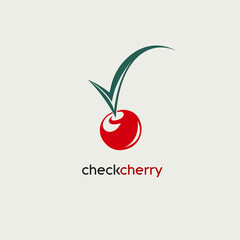 Cherry shape, check sign logo.Colorful illustration.Bright red natural fruit icon isolated on light background.Fun, playful, juicy food, organic, eco style.