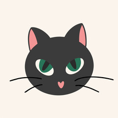 Cute black cat head. Cat face with big green eyes. Vector illustration, flat design, hand drawn cartoon.