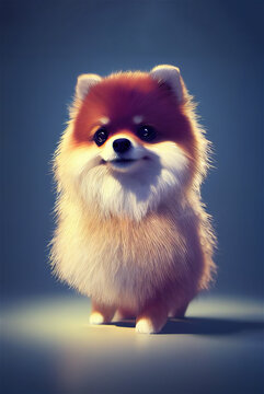 A digital painting portrait of a cute Pomeranian dog with studio lighting