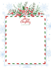 Blank greeting letter Merry Christmas and Happy New Year decorated with winter plants and snowflakes. Vector illustration