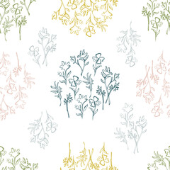Botanical background from abstract wildflowers and herbs. seamless pattern summer floral background. Sketch drawing of pastel contours. vintage style. Printing on wallpaper, covers, bed linen