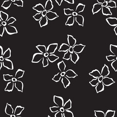 seamless pattern of white outline doodle drawing flowers. white flowers on a black background. Vector modern art illustration for printing on wallpaper, fabric, cover, template.