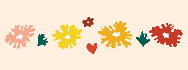 Simple botanical vector elements - flowers and leaves abstract hand drawn, various doodle shapes modern