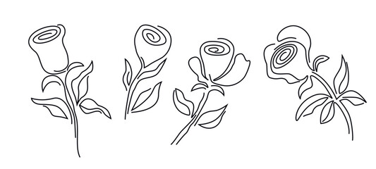 Abstract flowers drawn with a black outline. sketch floral drawn in one line. doodle vector illustration isolated on white background.
