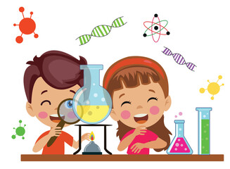cute boy and girl doing science experiment and study