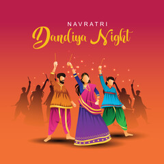 Garba Night poster for Navratri Dussehra festival of India. vector illustration design of peoples playing Dandiya dance.