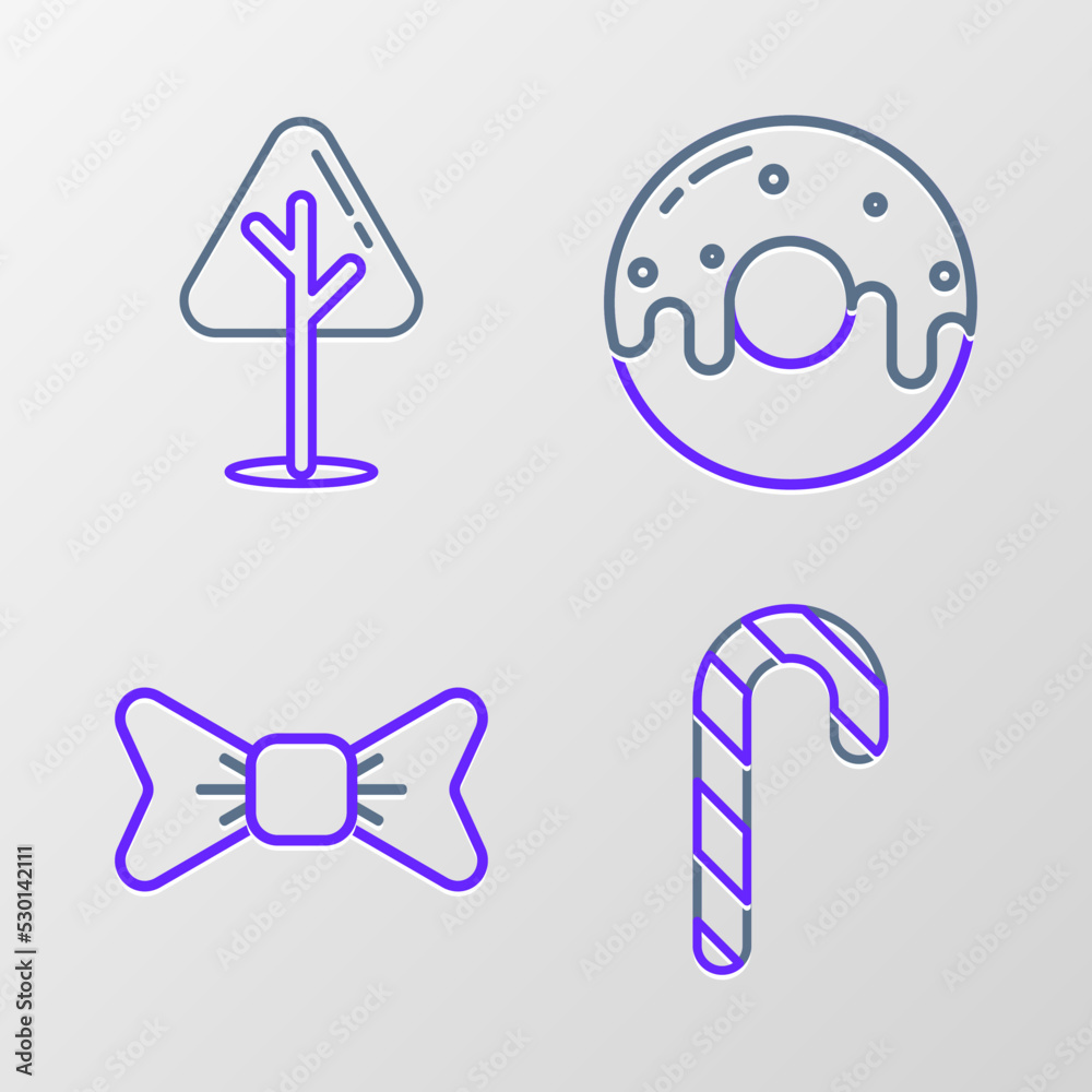 Sticker Set line Christmas candy cane with stripes, Bow tie, Donut sweet glaze and tree icon. Vector