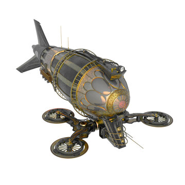 steam punk airship in white background top side front view