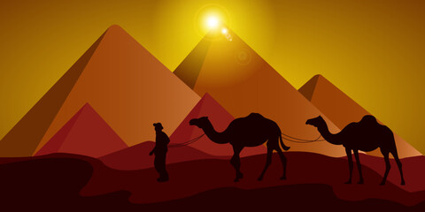 The background is a silhouette with a desert, pyramids and camels that a man sees. Cairo. Travel.