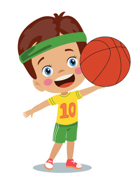 Happy Boy With Basketball Ball And Sportsman