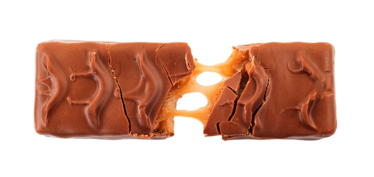 Chocolate bar with nougat on a white background. Chocolate candy isolate