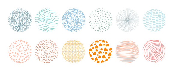 Set of round abstract colored hand drawn doodle shapes. Backgrounds in the form of a circle of spots, lines, splashes, curves, stripes and dots.