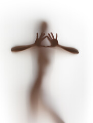 Pretty woman stands behind a curtain, and touches with two hands. Diffuse silhouette, sharp hand shape.